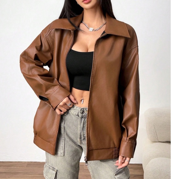 Luxe Vegan Leather Zipper Pockets Oversized Bomber Jacket - Picture 5 of 9